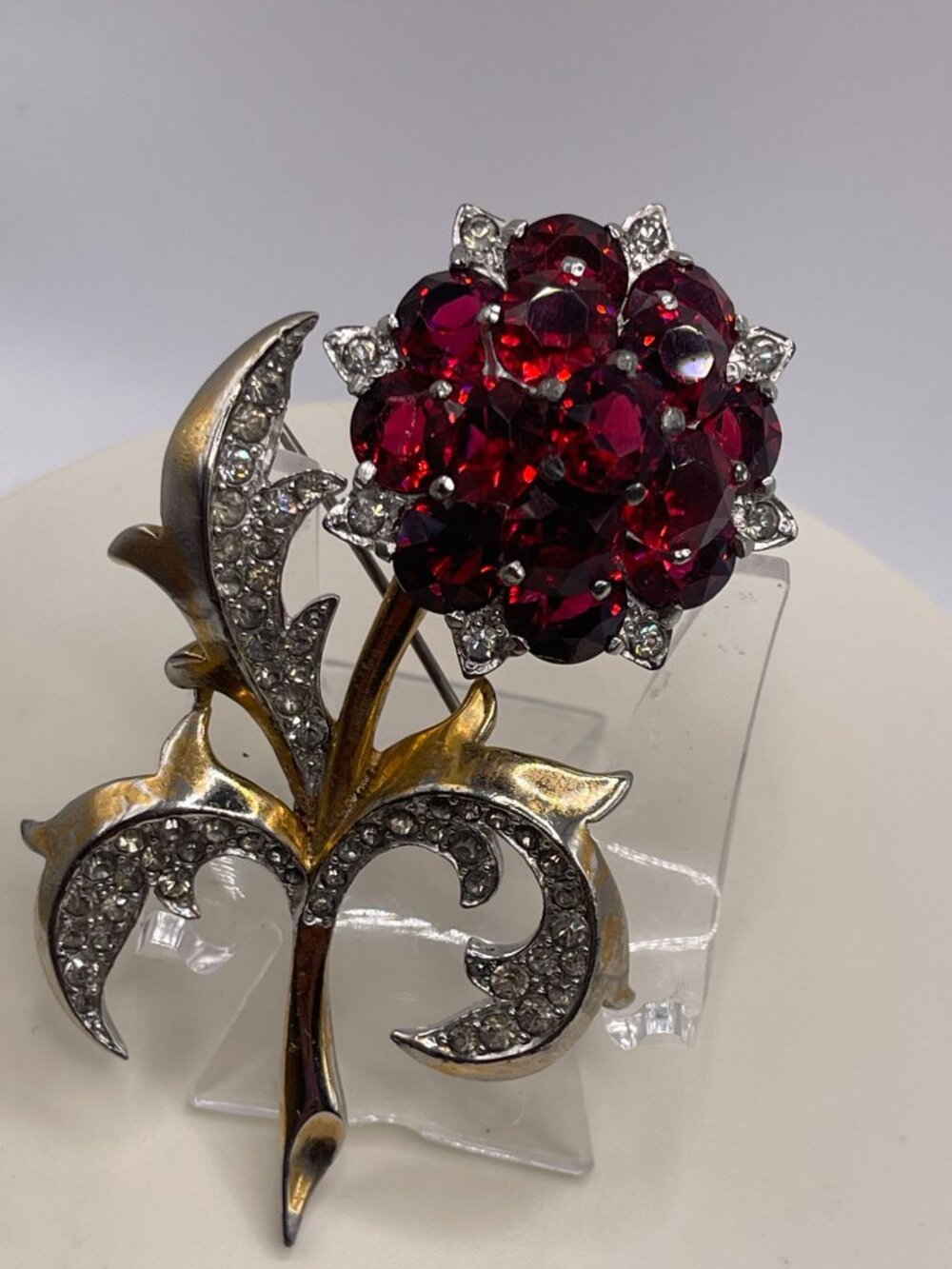 Vtg Marcel Boucher Phrygian Floral Brooch Red & Clear Glass Stones 1940s Figural